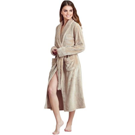 TOWELSOFT Women Plush Shawl Collar Robe, Fleece Bathrobe, Beige XXL/One Size PLH-RB-bei-XL